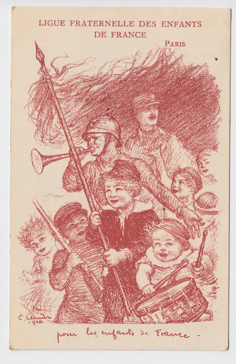 Postkarte, Satirische in Farben: Ligue fraternelle des enfants de France - Krieg von 14-18, Kindheit, Patriotische Tage Illustration von Charles Leandre (1862-1934) von Charles Leandre