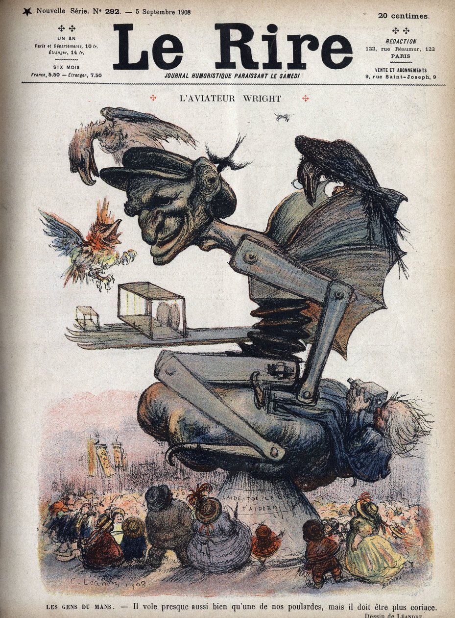 Die Leute von Le Mans: Es fliegt fast so gut wie unser Geflügel, aber es muss zäher sein. Karikatur von Wilbur Wright an Bord seines Flugzeugs „Model A“ bei einer Demonstration in Le Mans. von Charles Leandre