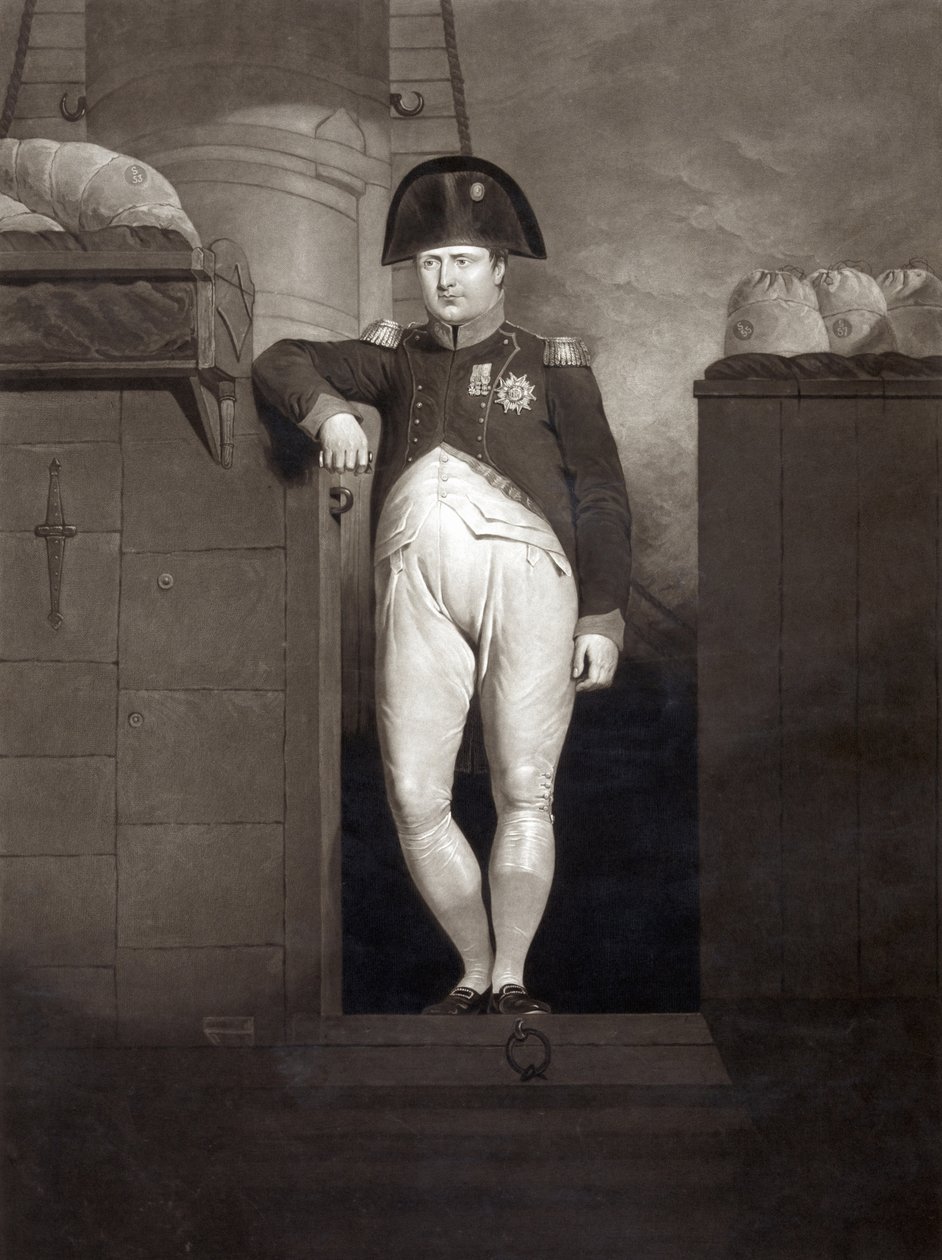Napoleon Bonaparte auf der Gangway der HMS Bellerophon nach Erreichen des Plymouth Sound, August 1815, graviert von Charles Turner von Charles Lock Eastlake