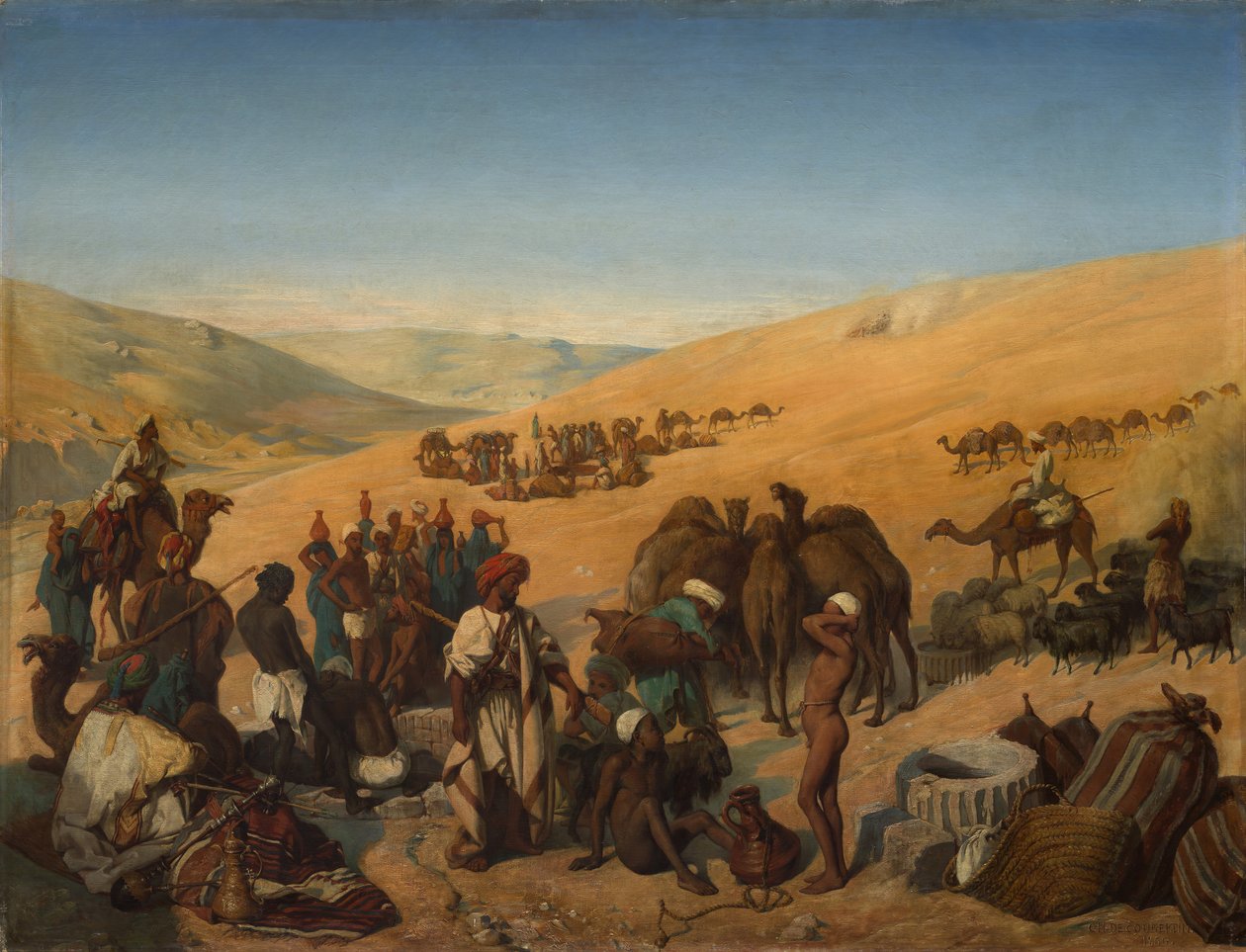 Halt von Karawanen an den Brunnen von Saba Beersheba in der Wüste südlich von Hebron, 1850 von Charles Louis Fredy de Coubertin