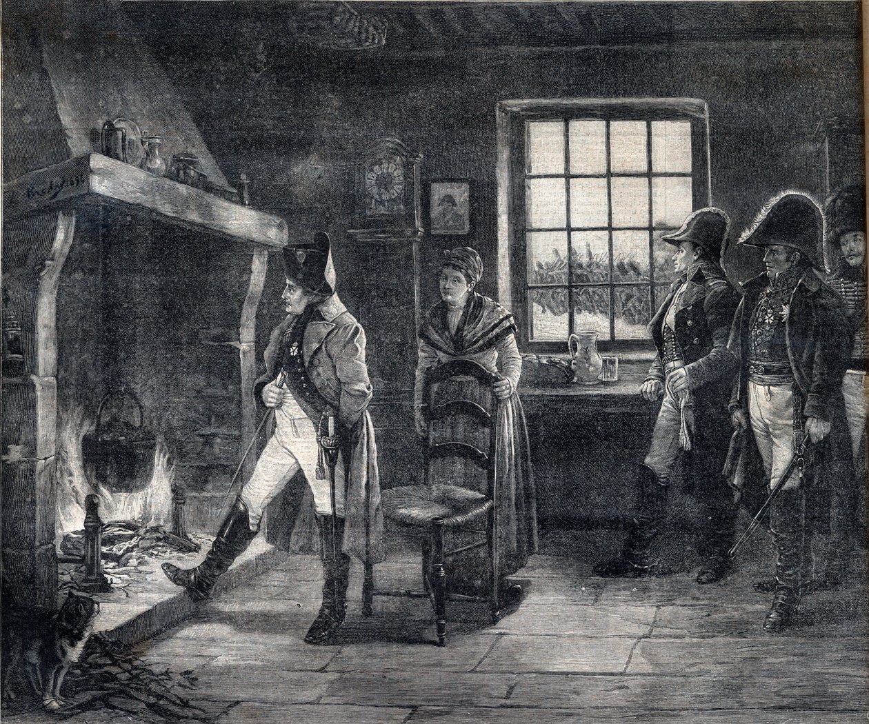 Kaiser Napoleon I. wärmt sich an einem Holzfeuer in einer Schneelandschaft - Napoleon nach der Schlacht von Waterloo im Jahr 1814 - Gravur nach dem Gemälde von Charles Louis Kratke (1848-1921) von Charles Louis Kratke