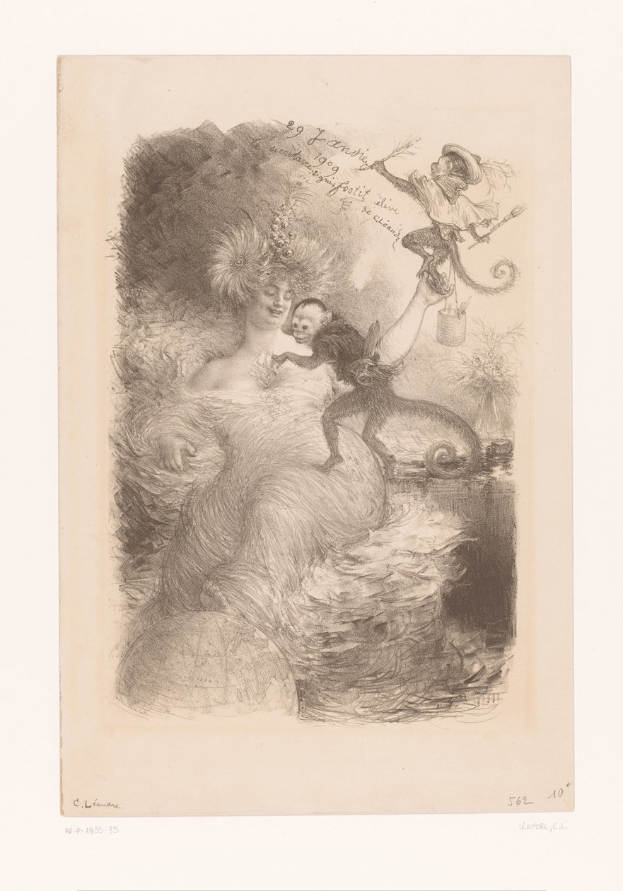 Frau mit Globus, Papierstapeln und zwei Affen von Charles Lucien Leandre