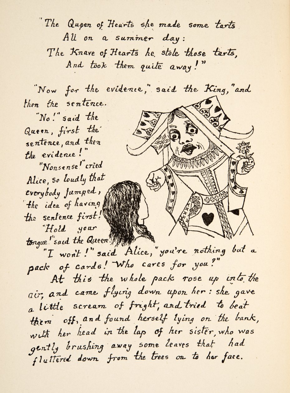 Die Rote Königin sagt zu Alice: Halt den Mund, Illustration aus Alice unter der Erde, veröffentlicht 1886 von Charles Lutwidge Dodgson