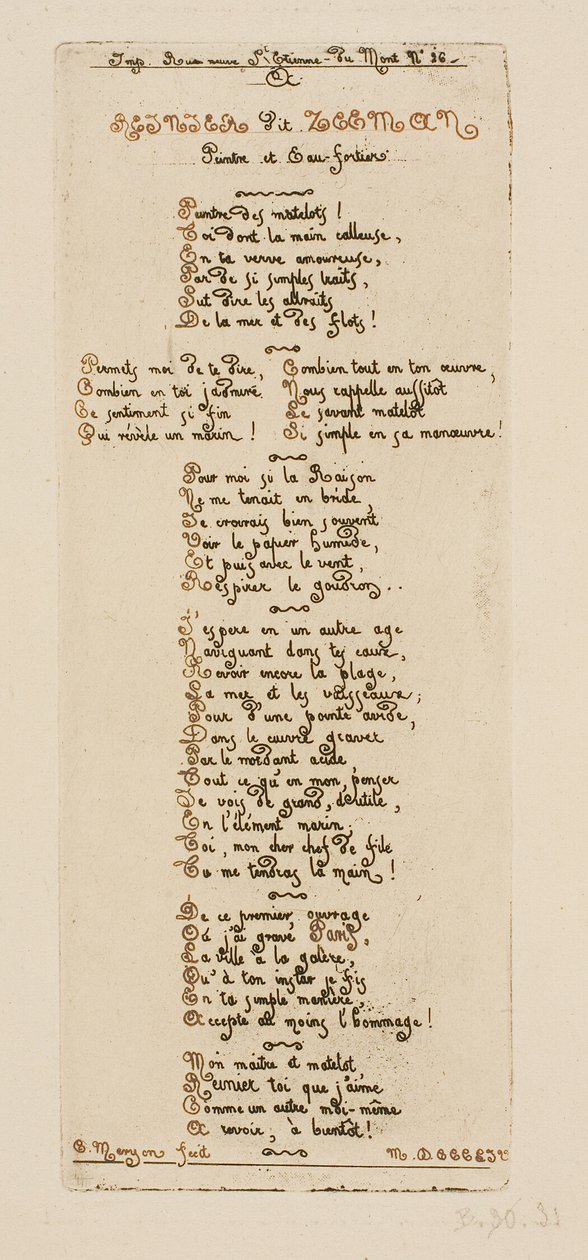 Widmungsverse von Meryon an Reinier Nooms, genannt Zeeman von Charles Meryon