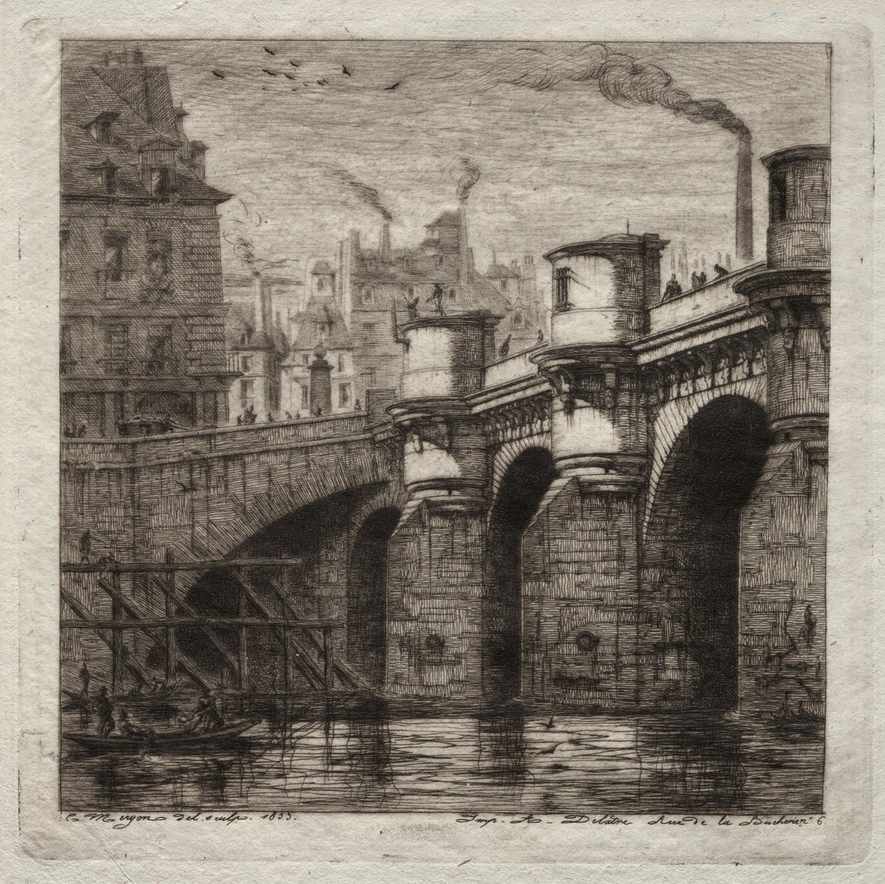 Radierungen von Paris: Die Neue Brücke von Charles Meryon