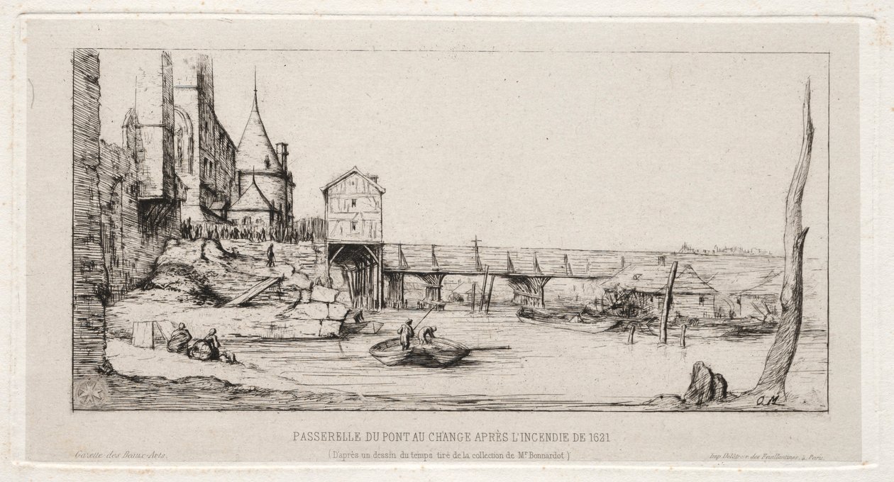 Fußgängerbrücke, die vorübergehend die Exchange-Brücke ersetzt, Paris, nach dem Brand von 1621 von Charles Meryon