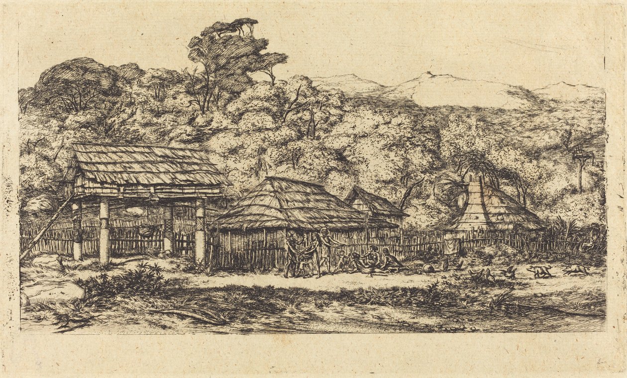 Einheimische Scheunen und Hütten in Akaroa, Banks-Halbinsel, 1845 von Charles Meryon