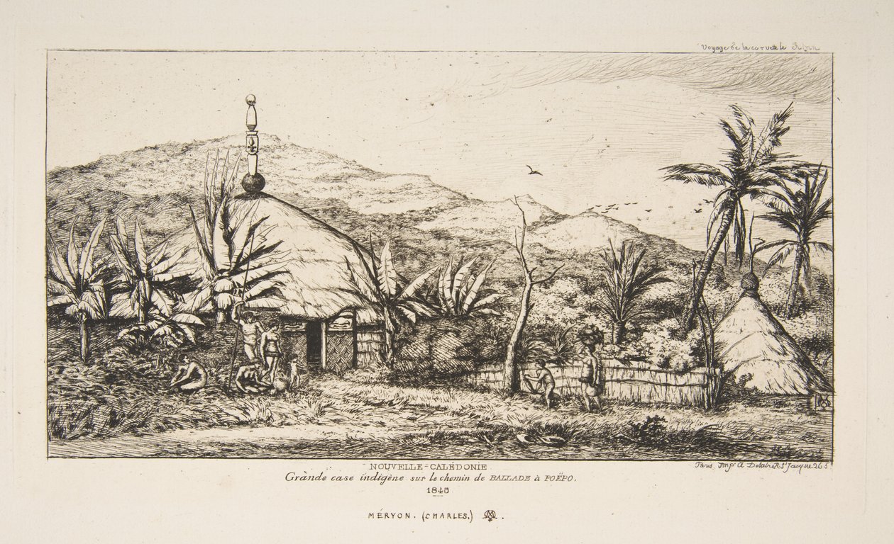Neukaledonien: Große Eingeborenenhütte an der Straße von Balade nach Puebo, 1845, aus „Die Reise nach Neuseeland (1842-46)“ von Charles Meryon