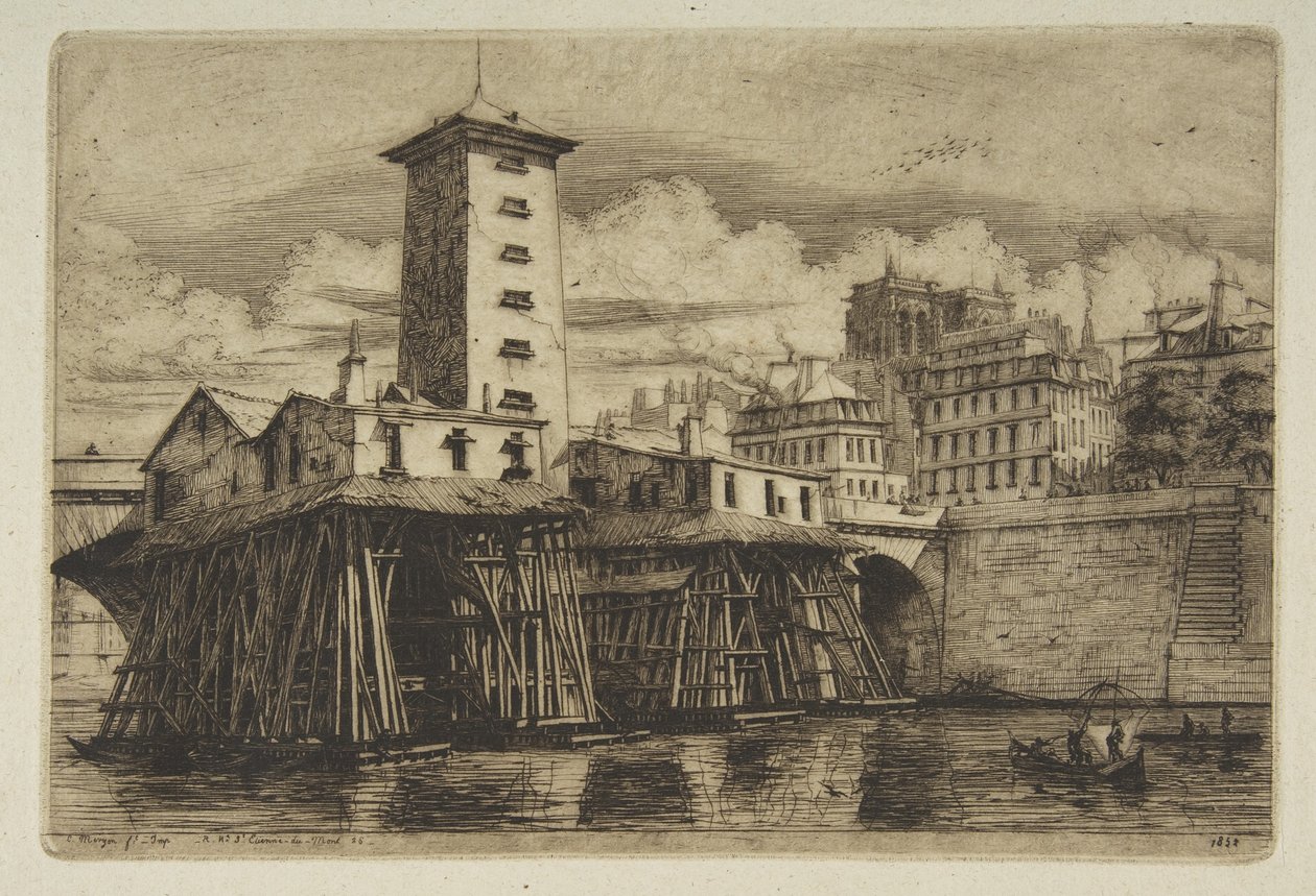 Die Nôtre-Dame-Pumpe, aus "Radierungen von Paris" von Charles Meryon