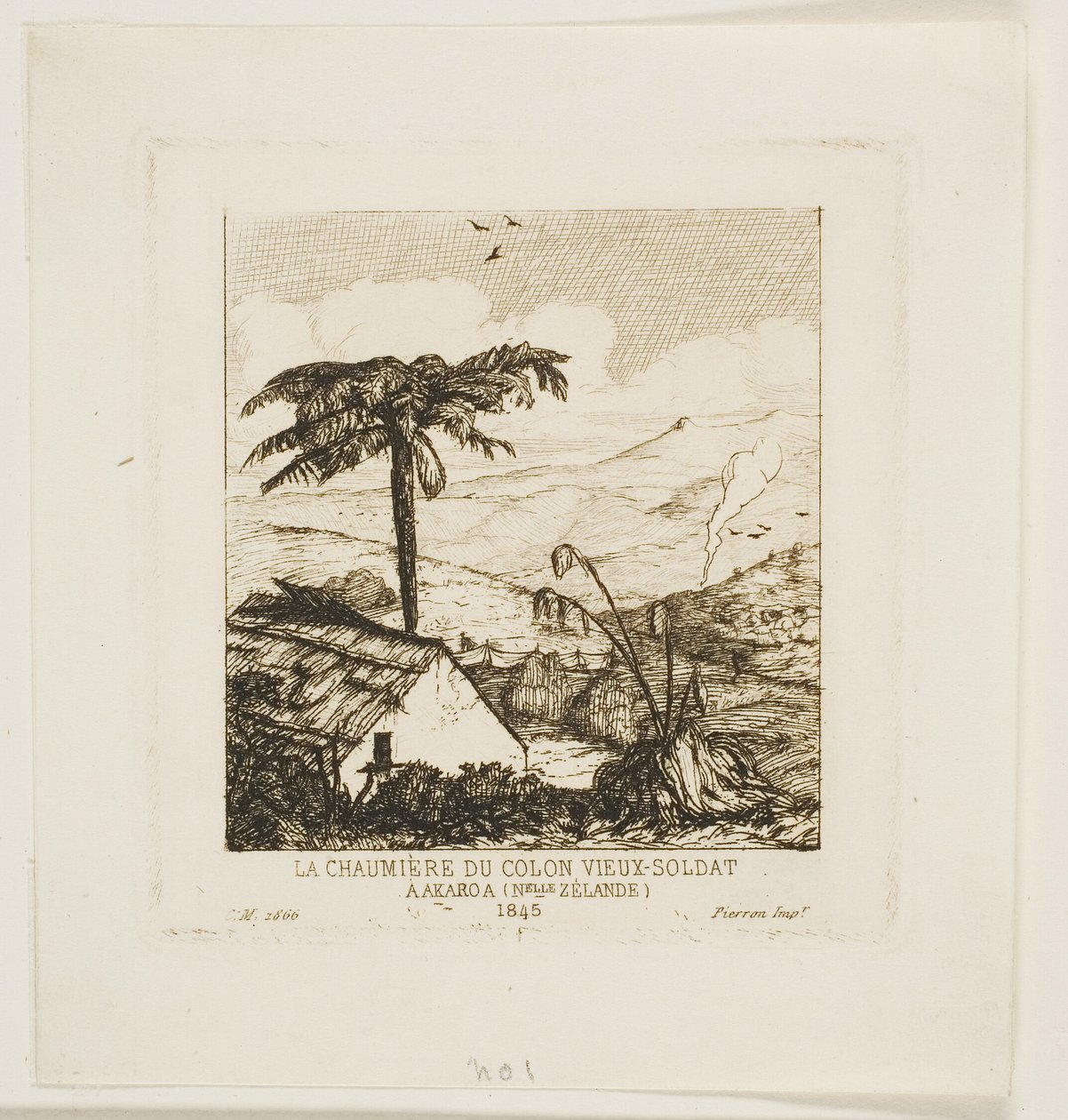 Das strohgedeckte Häuschen des alten Soldaten, Akaroa, 1845 von Charles Meryon