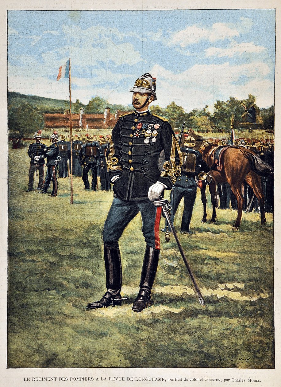 Das Feuerwehrregiment hat das Longchamps-Magazin (Porträt von Oberst Couston), Illustration von Charles Morel (1861-1908). Gravur von 1887 in „Paris-Illustrous journal weekly“. von Charles Morel