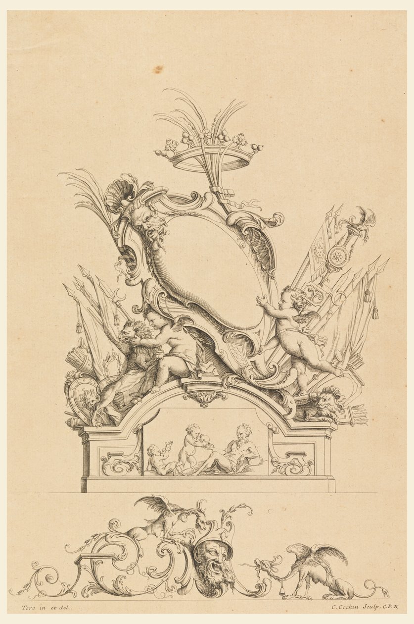 Entwurf für Kartusche mit Krone, zwei Putti, die Bacchus dienen, und zwei Löwen aus "Cartouches Nouvellement Inventez" von Charles Nicolas Cochin the younger