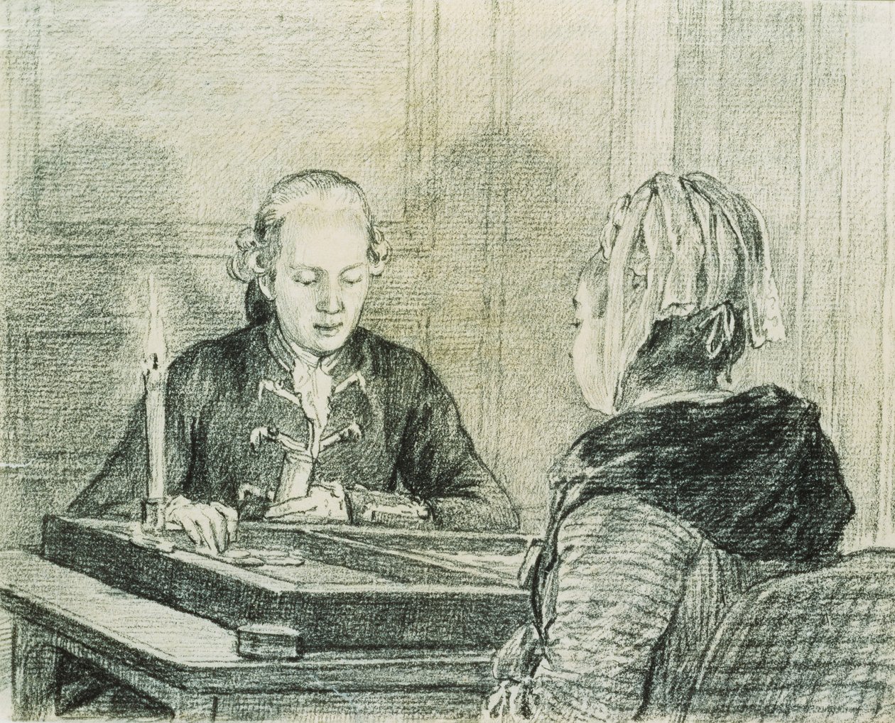 Ein sitzendes Paar, die Dame von hinten gesehen, spielt Backgammon bei Kerzenlicht von Charles Nicolas II Cochin