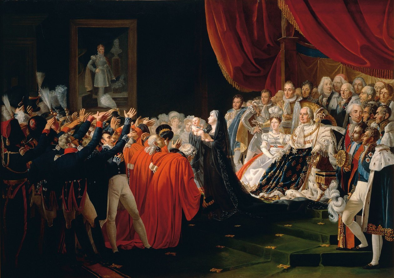 Frankreich, Versailles, Die Herzogin von Berry stellt den Herzog von Bordeaux den Zuschauern vor von Charles Nicolas Raphael Lafond