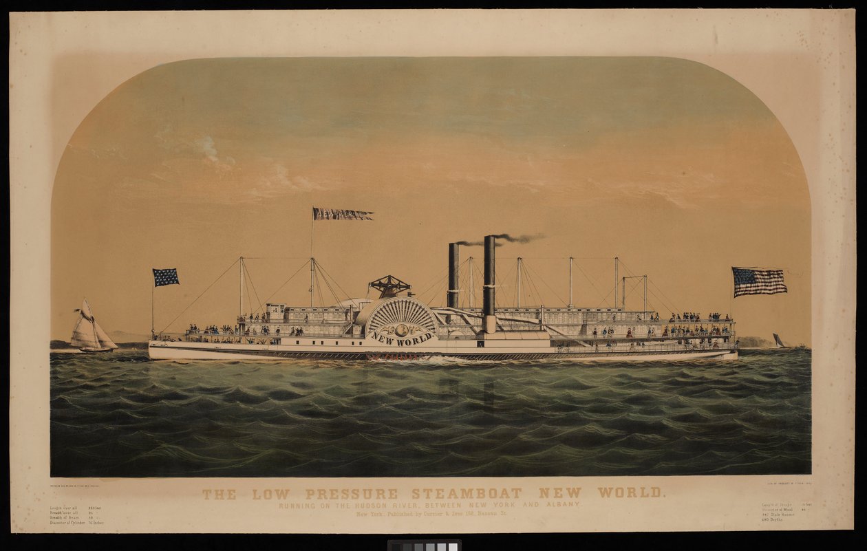 Das Niederdruckdampfschiff New World. Fahrt auf dem Hudson River, zwischen New York und Albany (Lithographie, koloriert) von Charles Parsons