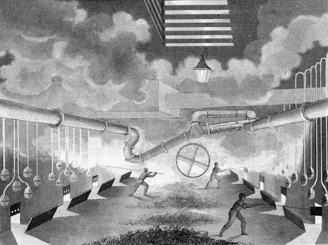Gesamtansicht eines Gaswerks, zeigt Retorten, die geladen werden, 1835 von Charles Partington