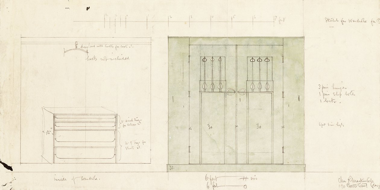 Entwurf für einen Kleiderschrank, in Aufriss der Vorderseite und des Inneren dargestellt, ca. 1899-1900 von Charles Rennie Mackintosh