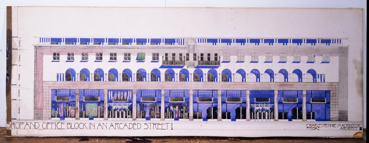 Bisher nicht verzeichnete architektonische Zeichnungen für ein Geschäft und eine Arkadenstraße, ca. 1915 von Charles Rennie Mackintosh