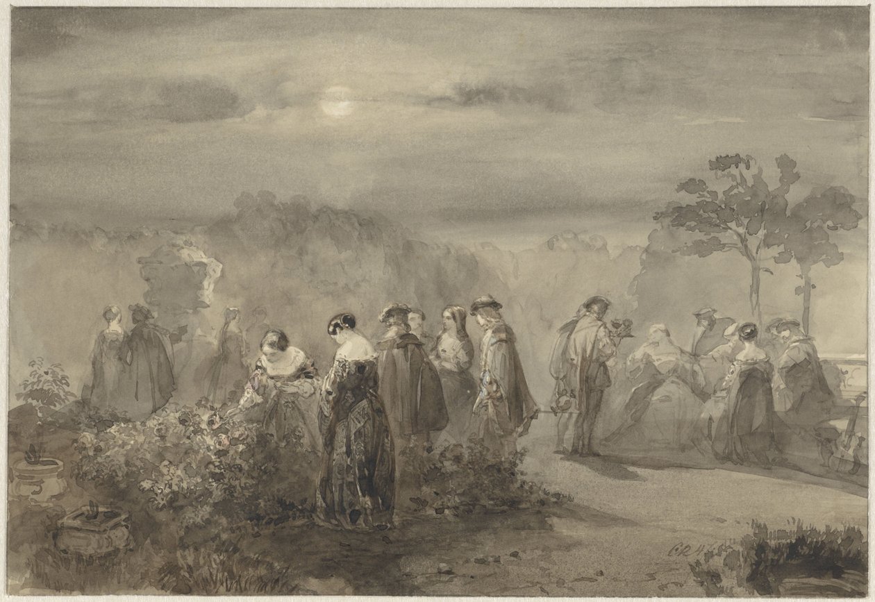 Gesellschaft von Damen und Herren in einem mondbeschienenen Hof mit Rosensträuchern von Charles Rochussen