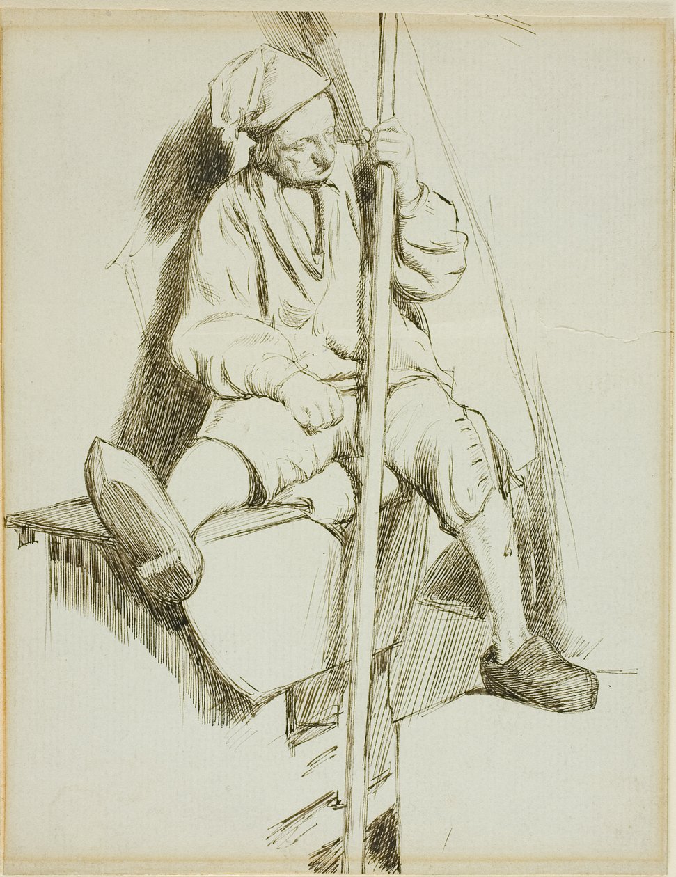 Mann sitzt, hält Stab in der linken Hand von Charles Samuel Keene