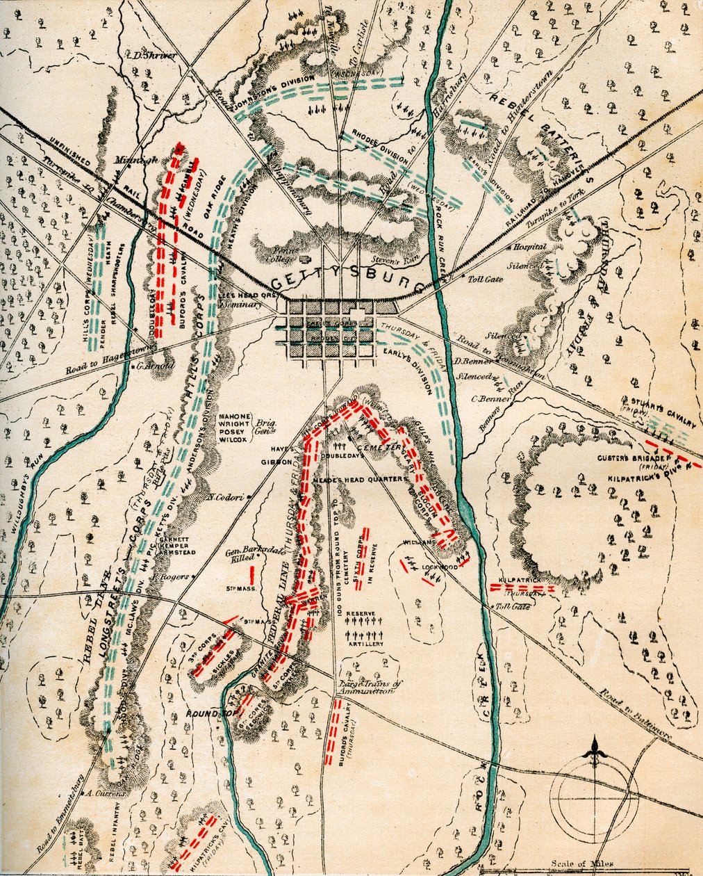 Karte der Schlacht von Gettysburg, Pennsylvania, 1.-3. Juli 1863 von Charles Sholl
