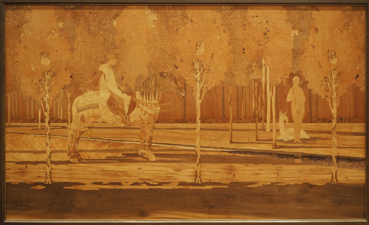 Die Dame und das Einhorn 1925 (Eiche und Intarsien aus verschiedenen Hölzern) von Charles Spindler