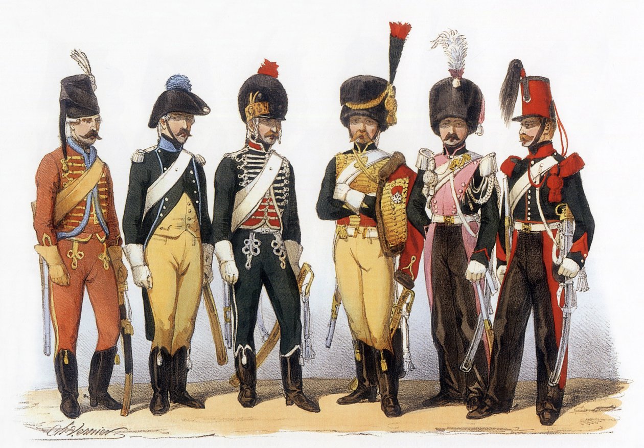 Kostüme der französischen Armee: Lancers g-d: 1745 Jäger (unter Louis XV); 1785 unter Louis XVI; 1794 Republik; 1810 imperiale Garde (1. Kaiserreich); 1824 königliche Garde (Restauration); 1840, Zeichnung von Charles Vernier (1831-1887) von Charles Vernier