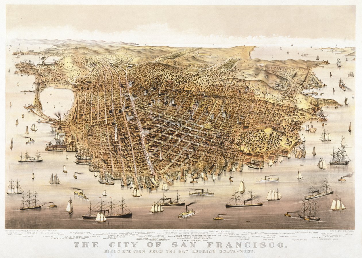 Die Stadt San Francisco, Vogelperspektive von der Bucht nach Südwesten, veröffentlicht von Currier & Ives von Charles Richard Parsons