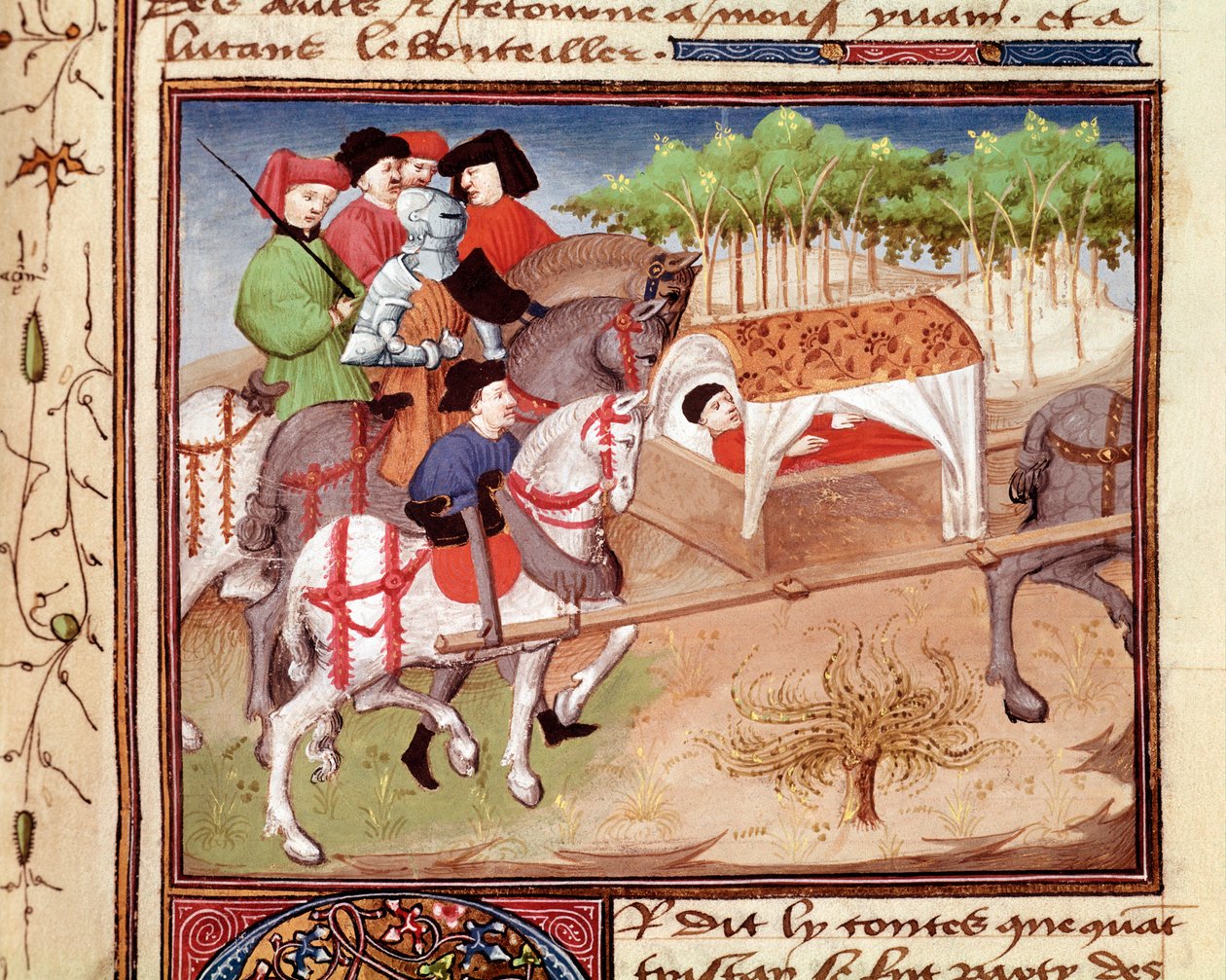 Lucan wird von Tristan verwundet. Miniatur aus „Romanesque du Chevalier Tristan“ von Meister Charles von Maine (Beroul-Version) von Charles du Maine Master