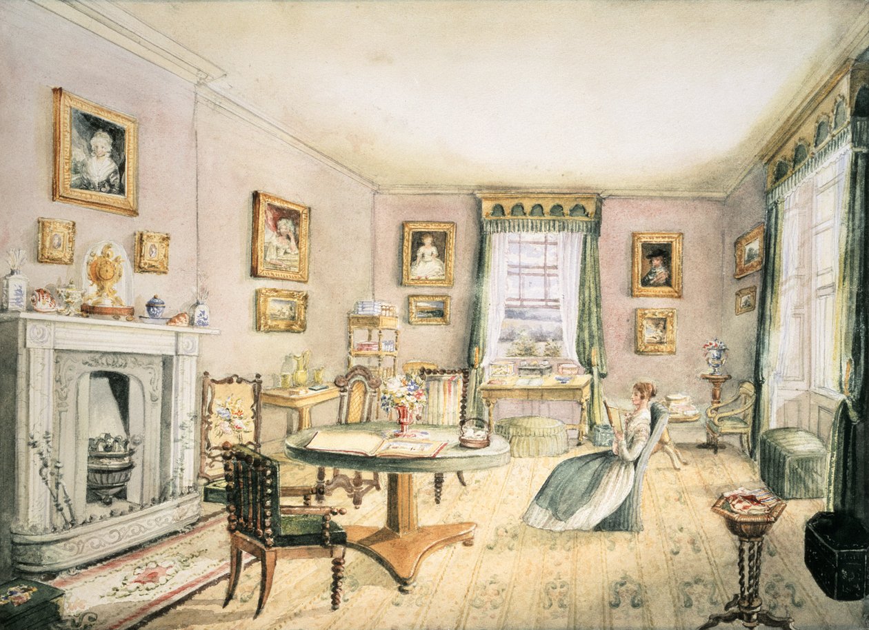 Das Wohnzimmer, East Wood, Hay, f54 aus einem Album von Innenräumen, 1843 von Charlotte Bosanquet