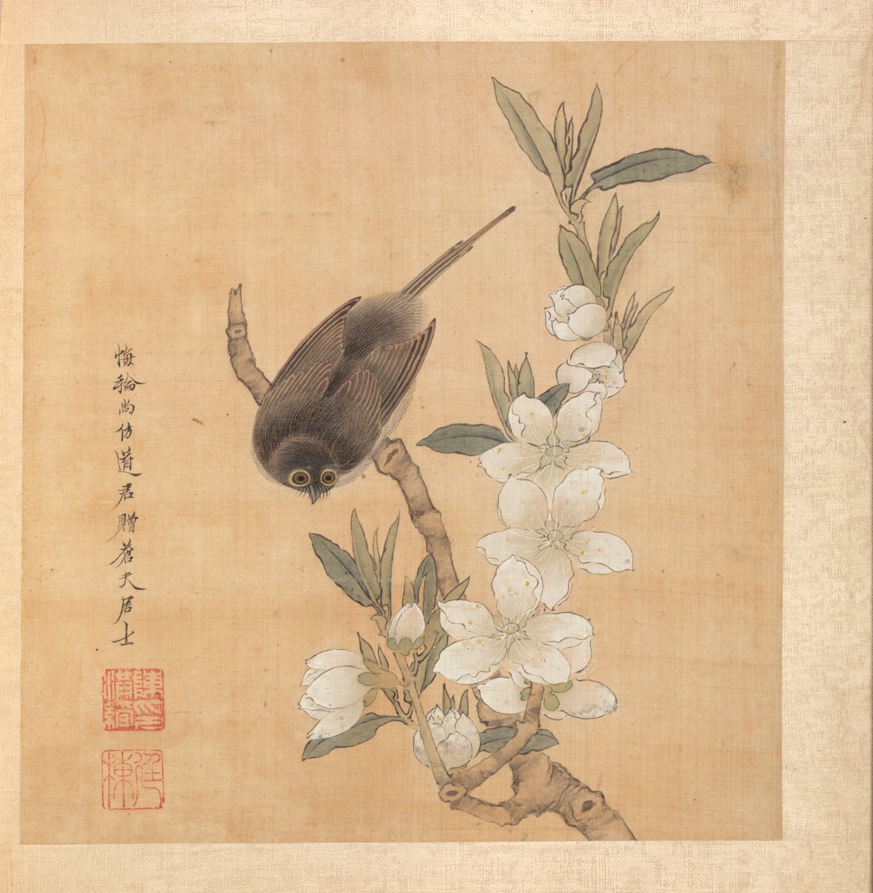 Gemälde nach alten Meistern: Ein Vogel und ein Pfirsichblütenzweig, Albumblatt von Chen Hongshou