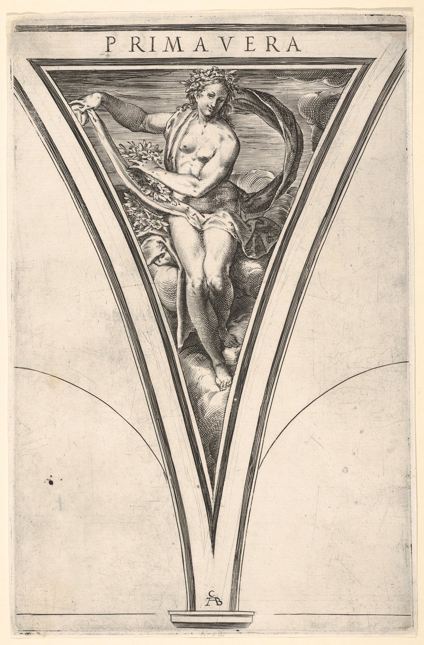 Frühling Primavera dargestellt als Frau mit flatterndem Tuch und Girlanden, ca. 1570-1615 von Cherubino Alberti