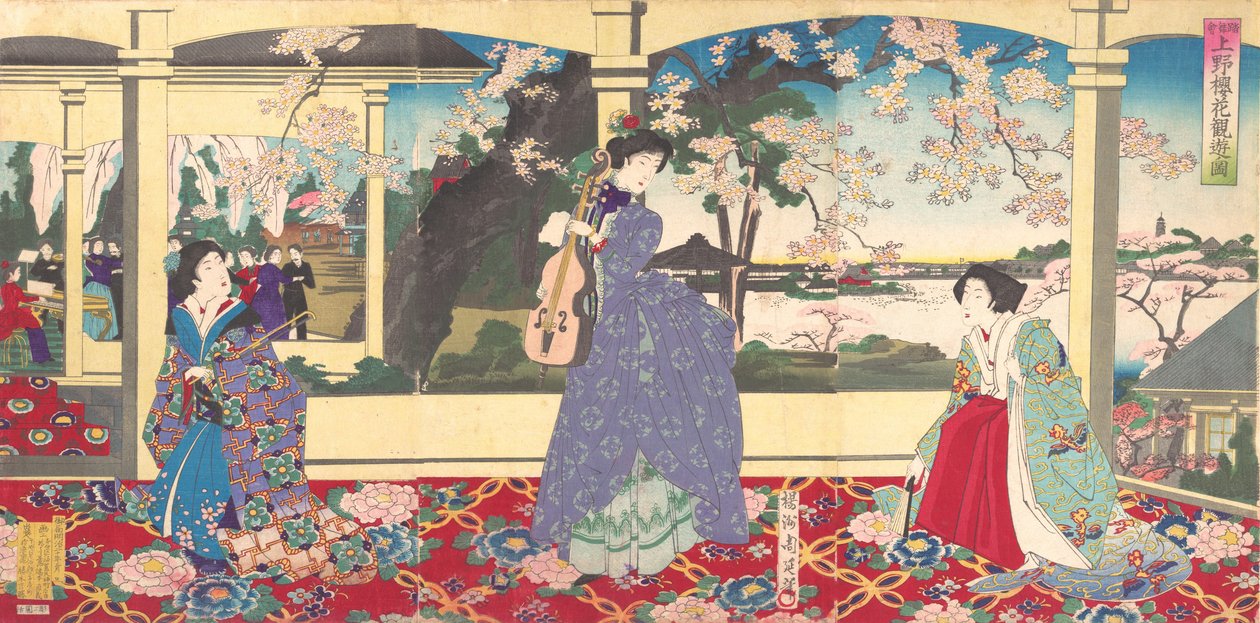 Eine Tanzparty: Genießen der Kirschblütenbesichtigung in Ueno Tobukai Ueno oka yuran no z..., März, 1887 von Chikanobu Yoshu