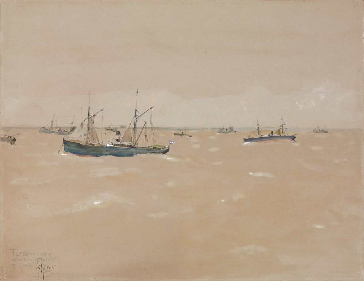 Obstdampfer reiten einen Sturm aus, vor der Küste Spaniens von Childe Frederick Hassam