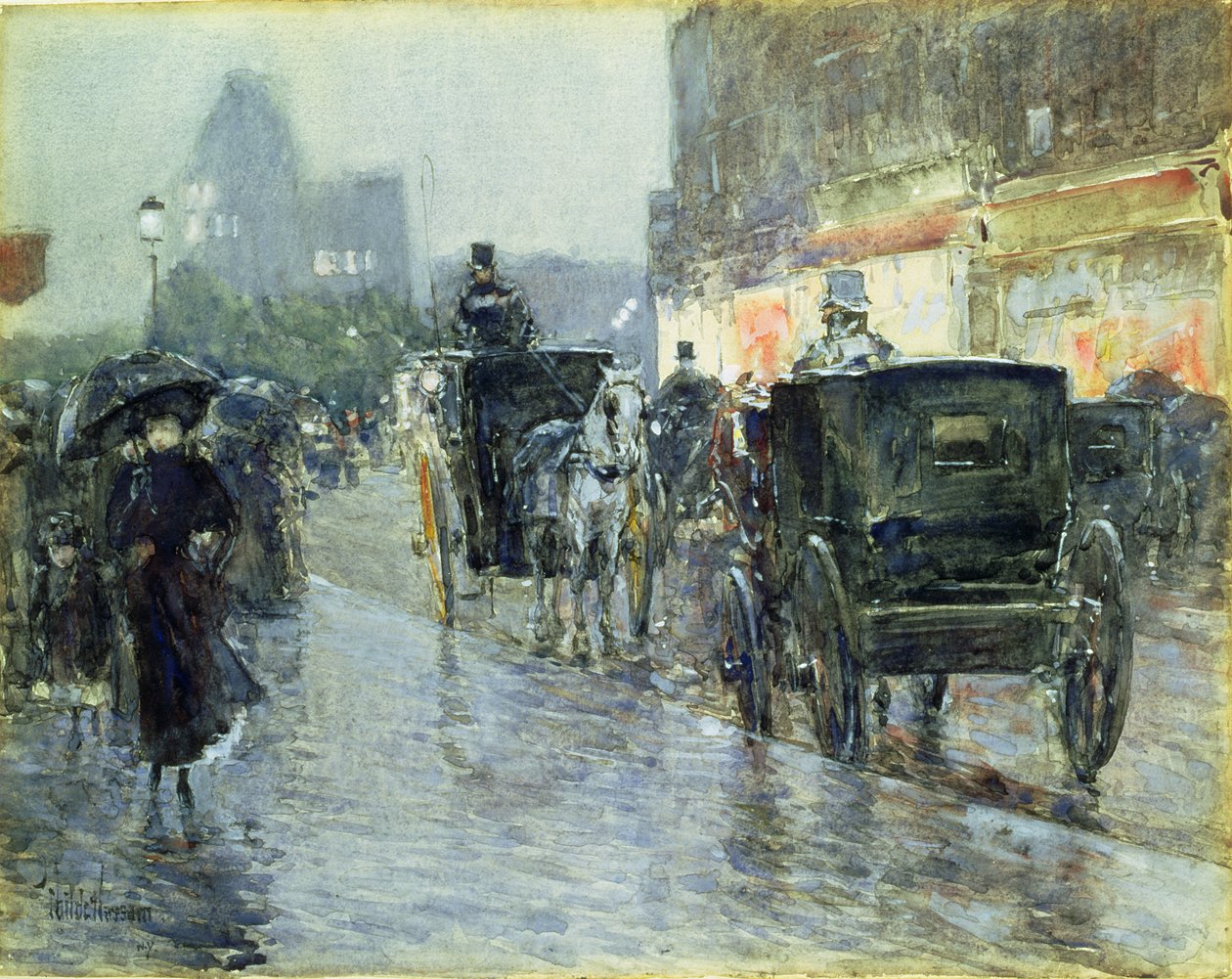 Pferdekutschen am Abend, New York, ca. 1890 von Childe Frederick Hassam
