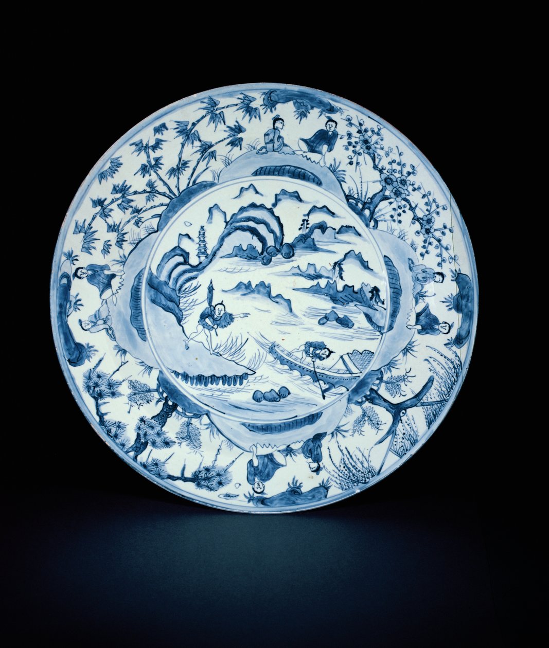 Blau-weißer Teller mit Fischern in einer Flusslandschaft, Tianqi oder Chongzheng, 1620-30 (Porzellan) von Chinese School