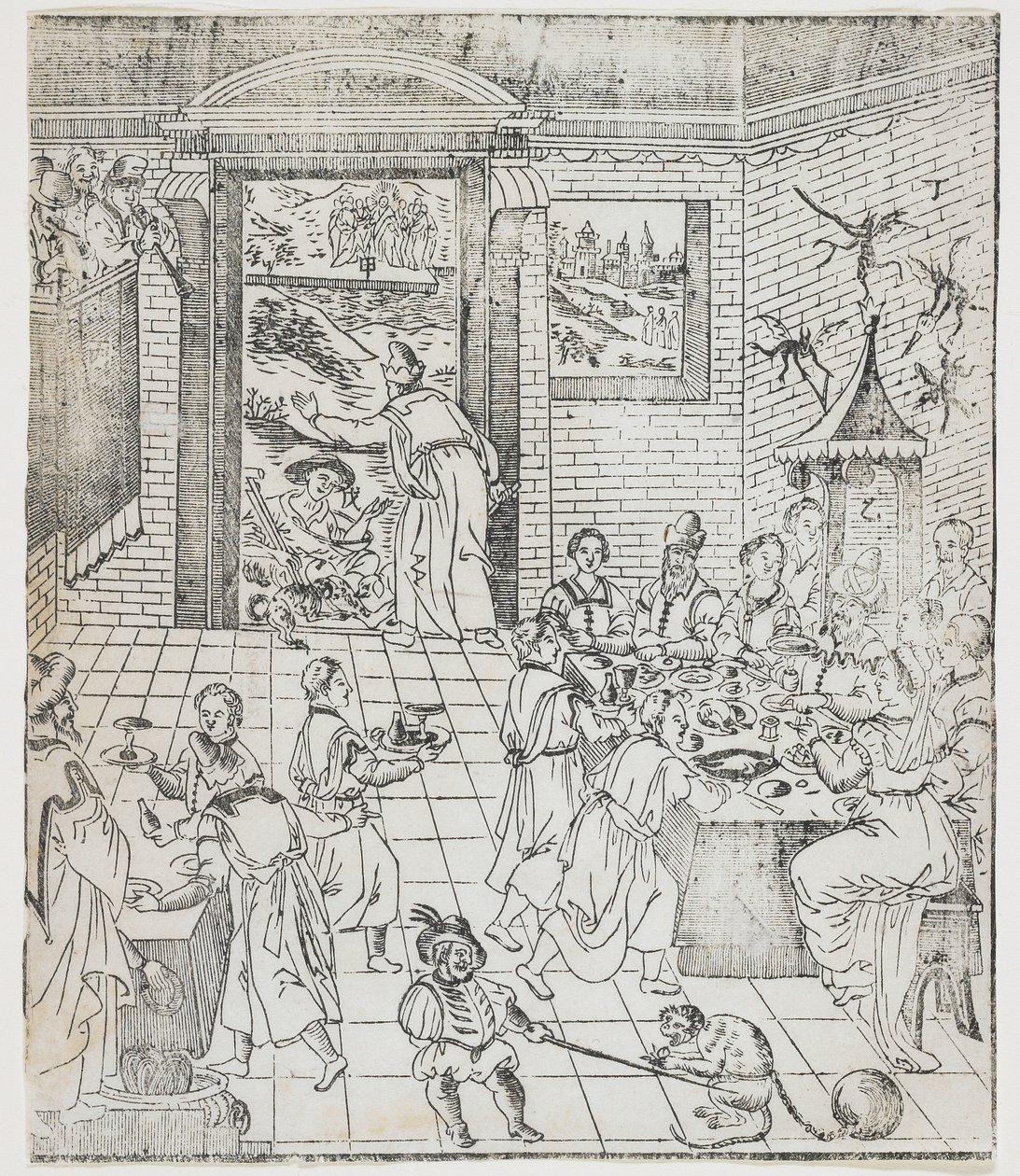 Lazarus im Haus des reichen Mannes, Platte aus Giulio Alenis Tianzhu jiangsheng zhuxiang jingjie (Eine illustrierte Geschichte des Herrn des Himmels, der Fleisch geworden ist), Jinjiang Kirche, Fu von Chinese School