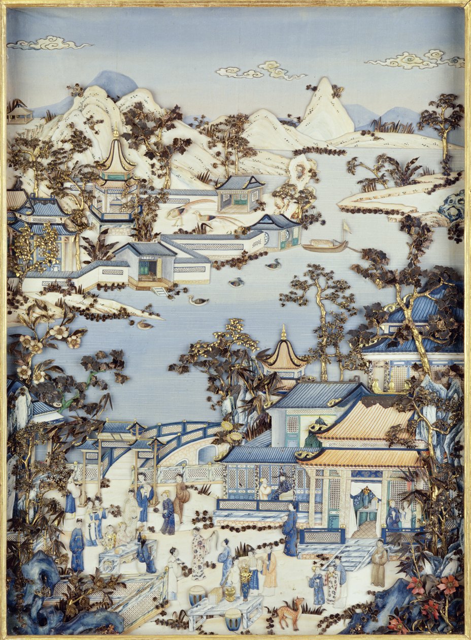 Paneele, die Figuren auf einer Terrasse darstellen, Qianlong-Periode, 1736-95 (eines von einem Paar) von Chinese School