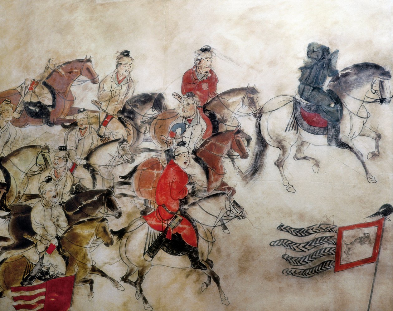 Grab des Prinzen Zhanghuai, Jagdszene mit Pferden, Xian, Han-Periode, 706 (Wandmalerei) von Chinese School