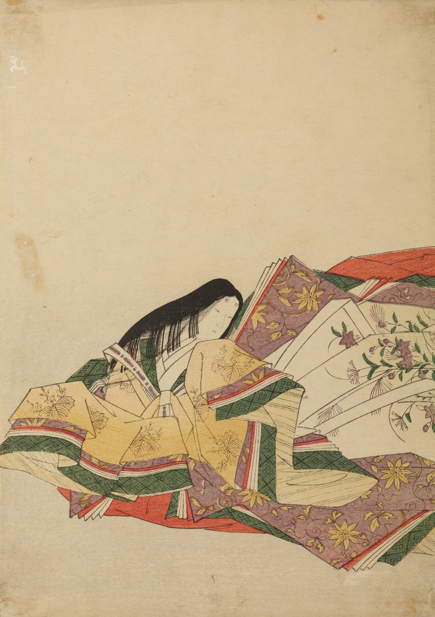 Hofdame, sitzend, nach links gewandt, Tafel aus dem Album: Nishiki-zuri onna sanju rokkasen e-zukushi von Chobunsai Eishi