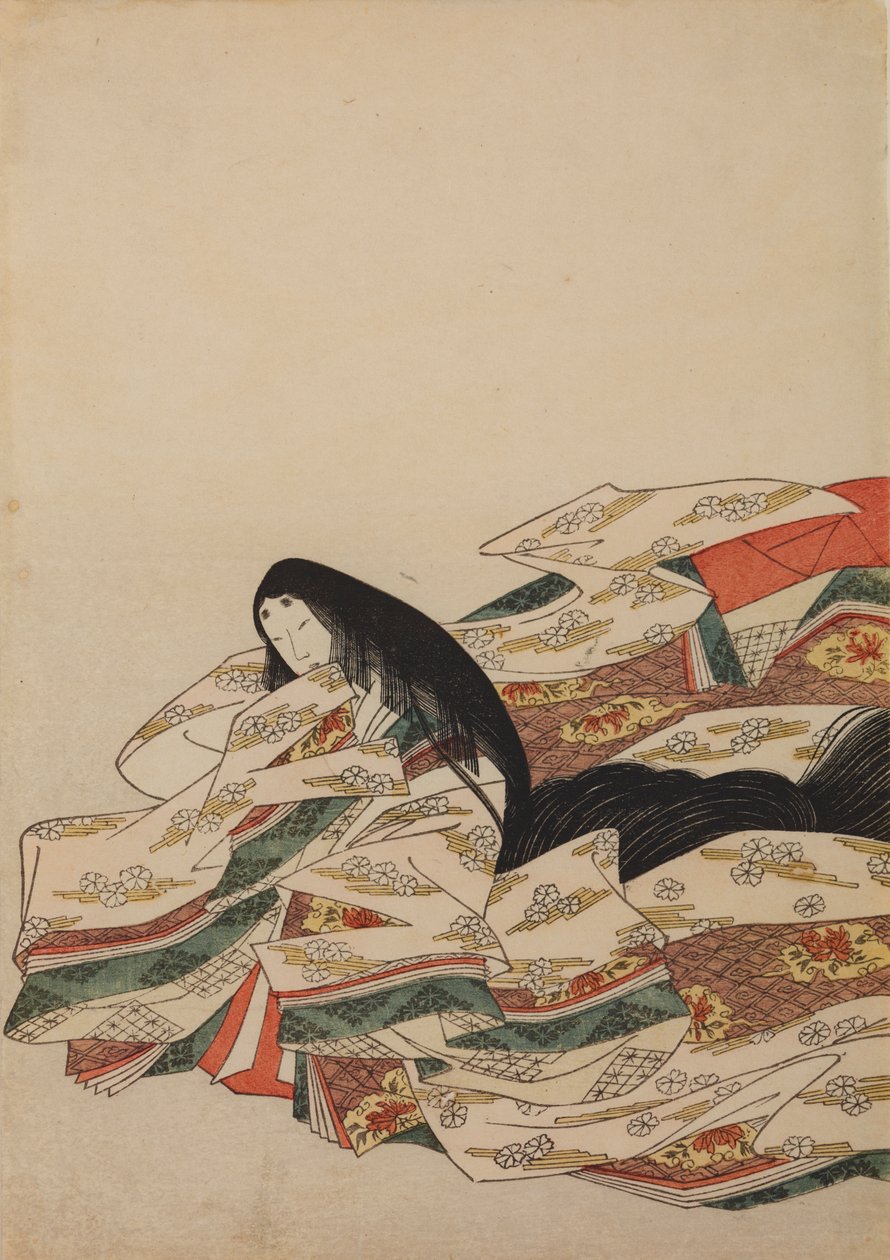 Sitzende, nach links gewandte Hofdame, Tafel aus dem Album: Nishiki-zuri onna sanjū rokkasen e-zukushi von Chobunsai Eishi