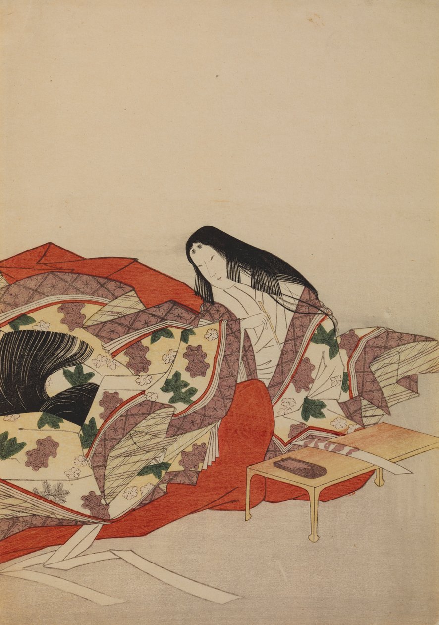 Dame des Hofes mit Pinsel am Tisch, Tafel aus dem Album: Sechsunddreißig Dichterinnen von Chobunsai Eishi