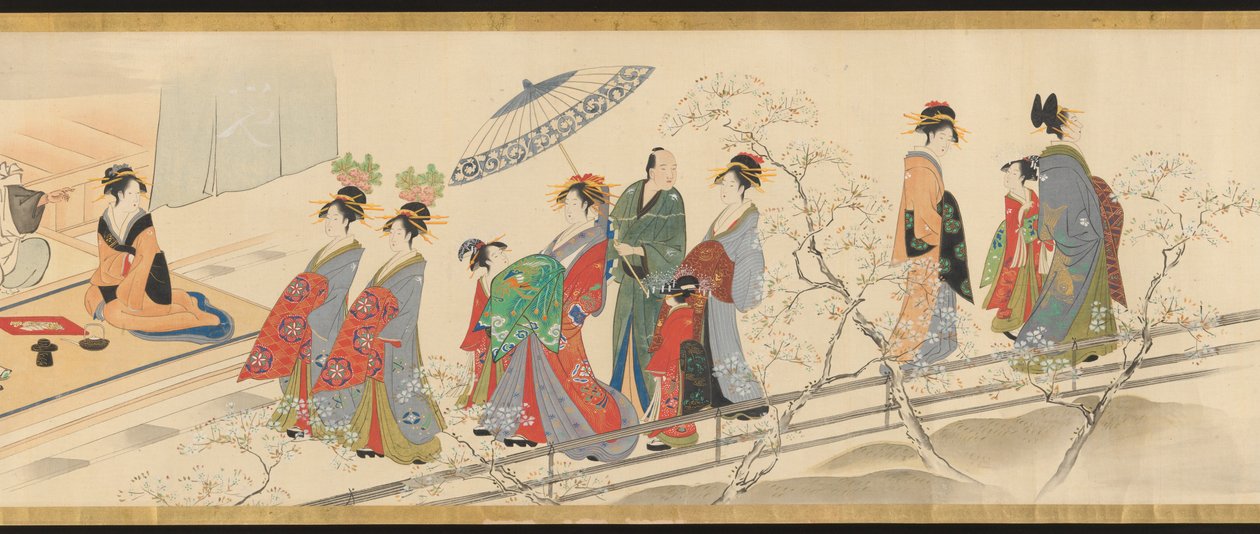 Drei Götter des Glücks besuchen Yoshiwara; oder „Szenen des Vergnügens auf dem Höhepunkt des Frühlings“ von Chobunsai Eishi