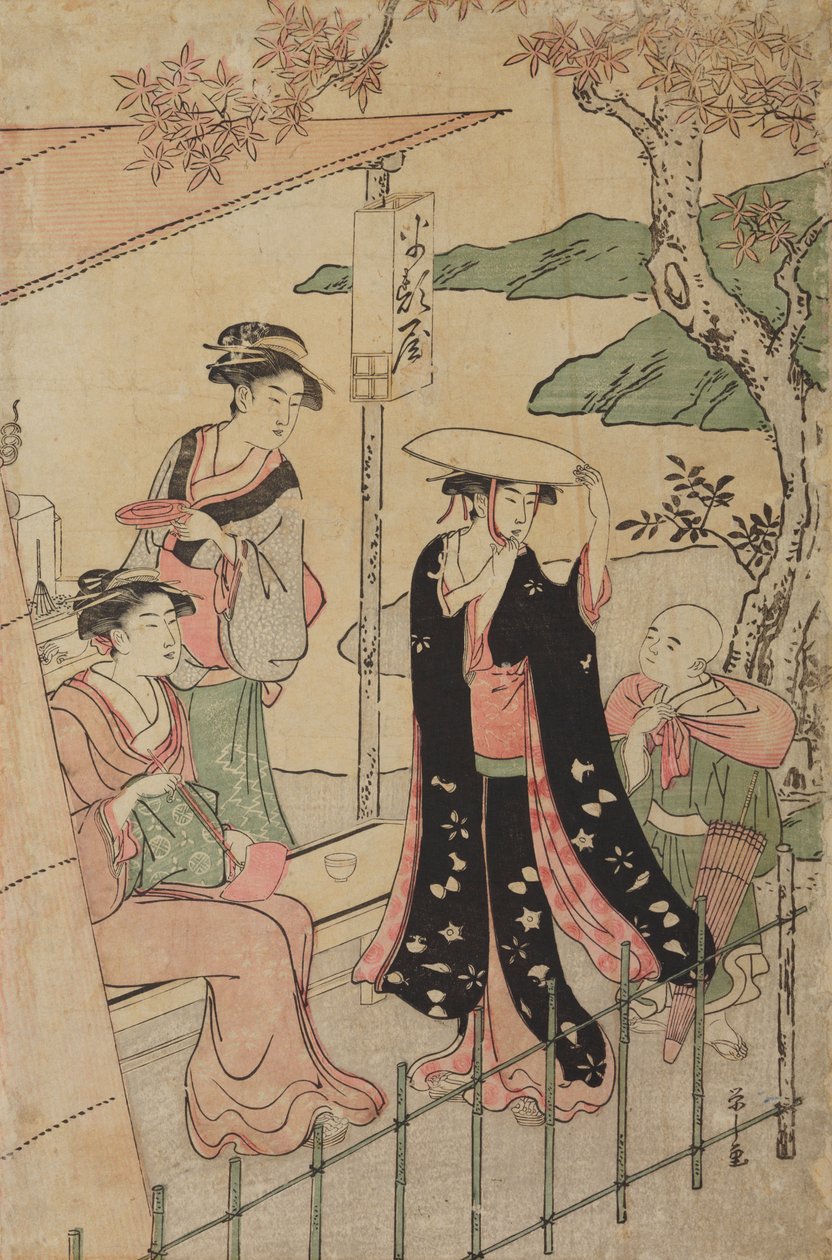 Drei Frauen und ein Junge vor einem Straßencafé von Chobunsai Eishi