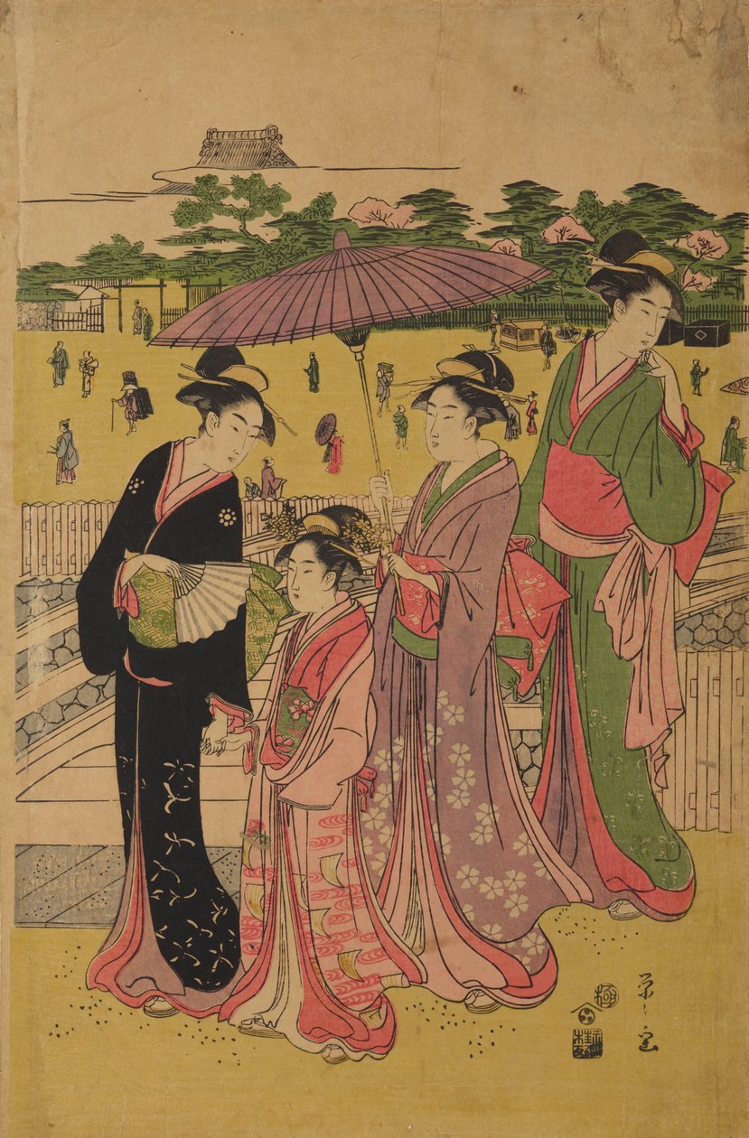 Drei Frauen und ein Mädchen spazieren unter einem Regenschirm von Chobunsai Eishi