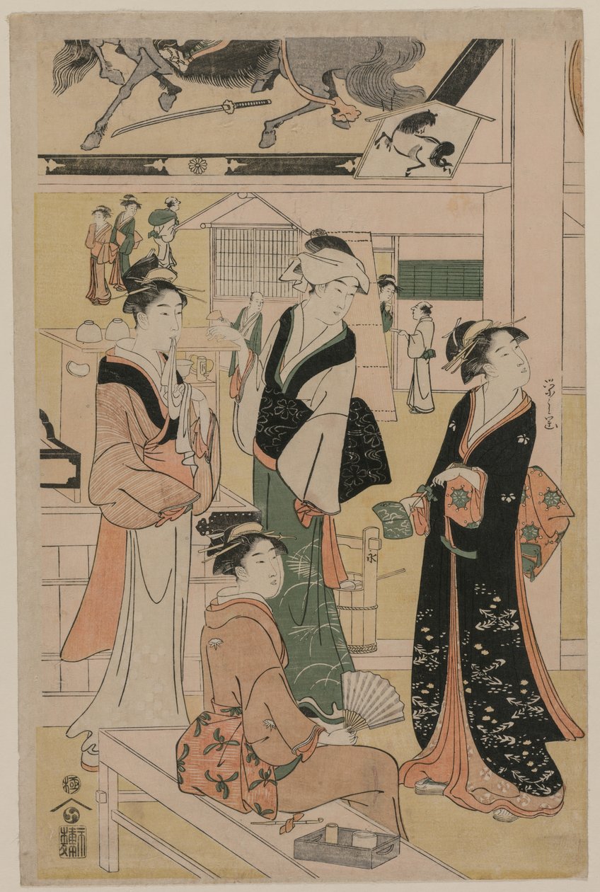 Frauen besuchen einen Teestand auf dem Gelände eines Tempels, frühe 1790er Jahre von Chobunsai Eishi