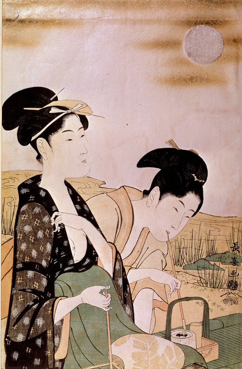 Den Mond bewundern: zwei rauchende Frauen. Drucke von Choki Eishosai (aktiv Ende des 18. Jahrhunderts - Anfang des 19. Jahrhunderts) von Choki Eishusai