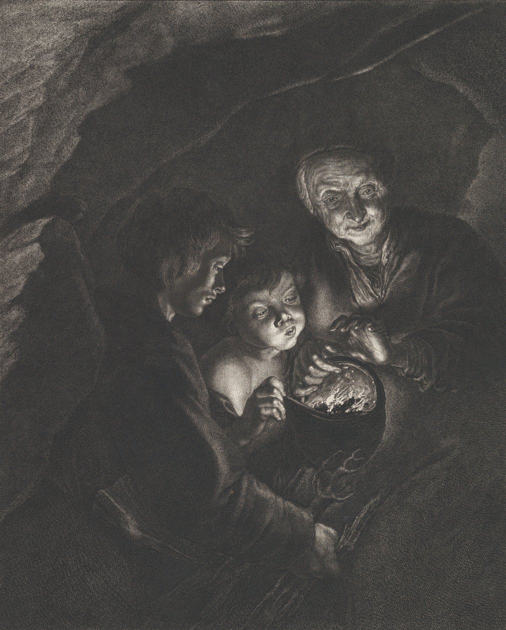 Nachtszene in einer Höhle mit einer alten Frau, die glühende Kohlen in einem Topf hält, ein Junge bläst..., ca. 1750-57 von Christian Friedrich Boëtius