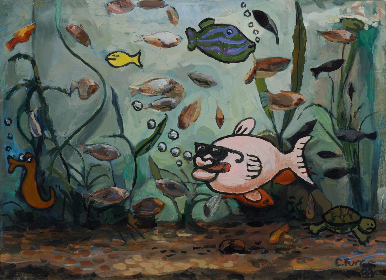 Großer rosa Fisch in fischiger Welt 1988 von Christian Furr
