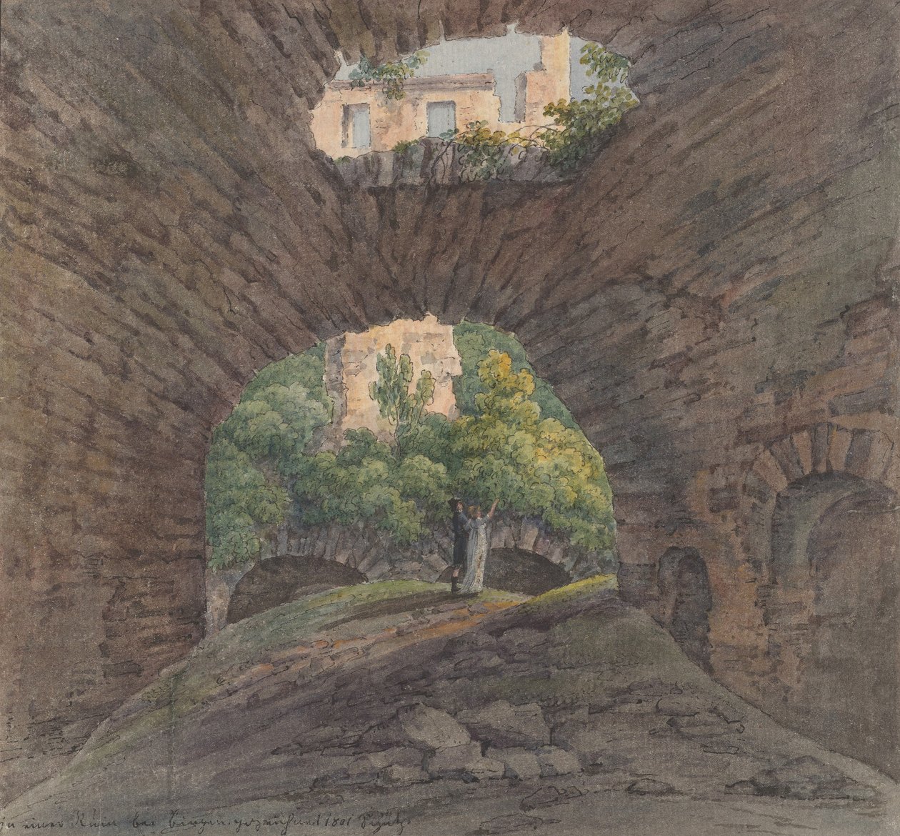 Ein junges Paar betrachtet Ruinen in der Nähe von Bingen, 1801 von Christian Georg Schutz